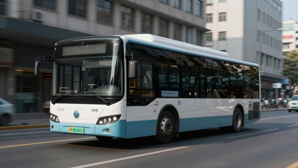 Un bus propre roule dans une rue de ville ensoleillée.