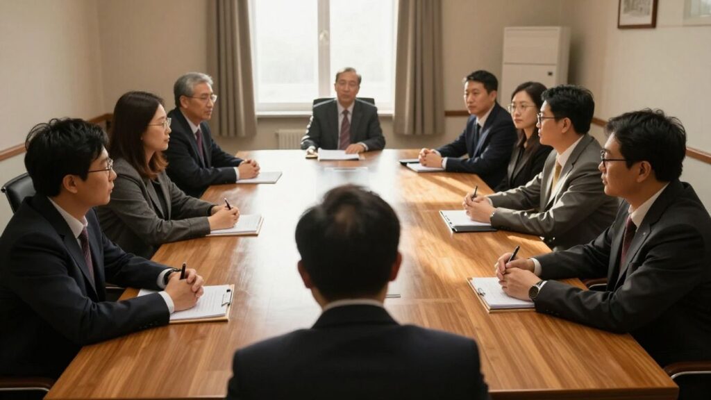 Salle de réunion avec des personnes assises à une table.