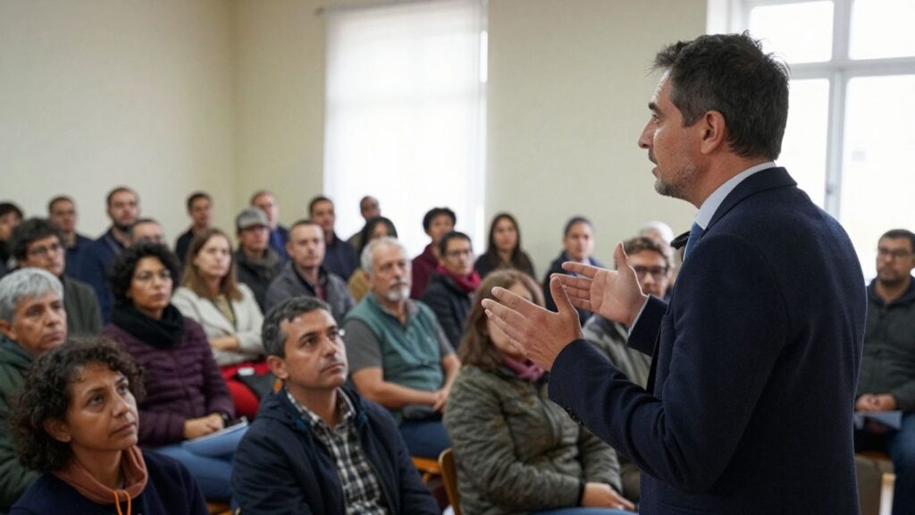 Emmanuel Grégoire anime un débat avec des habitants à Paris.