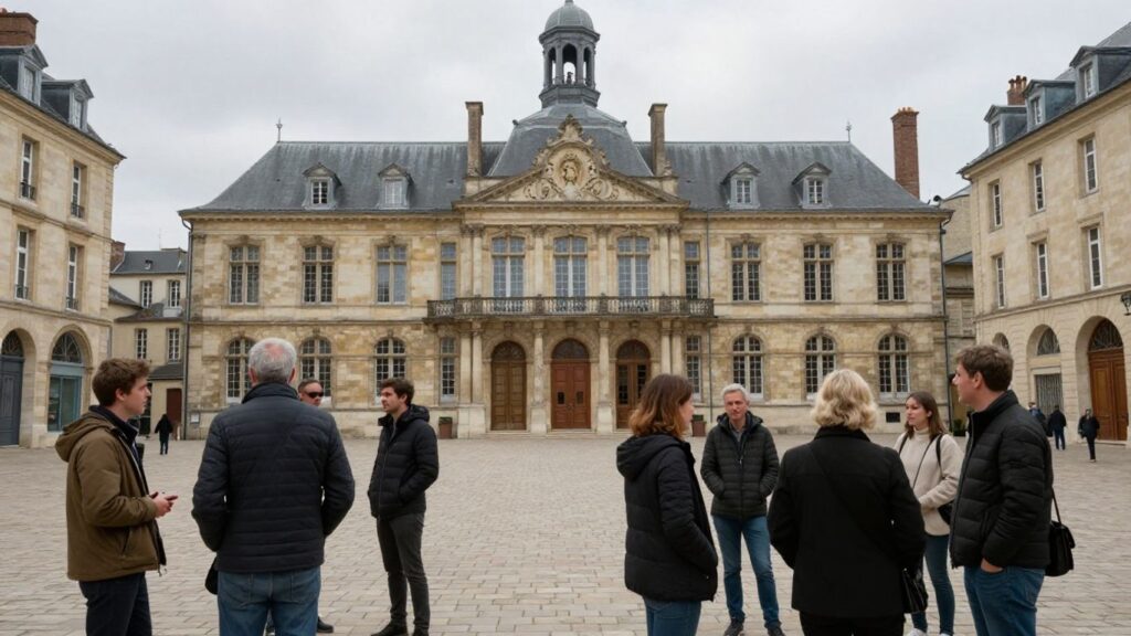 Hôtel de ville d'Évreux avec des groupes de personnes en discussion.