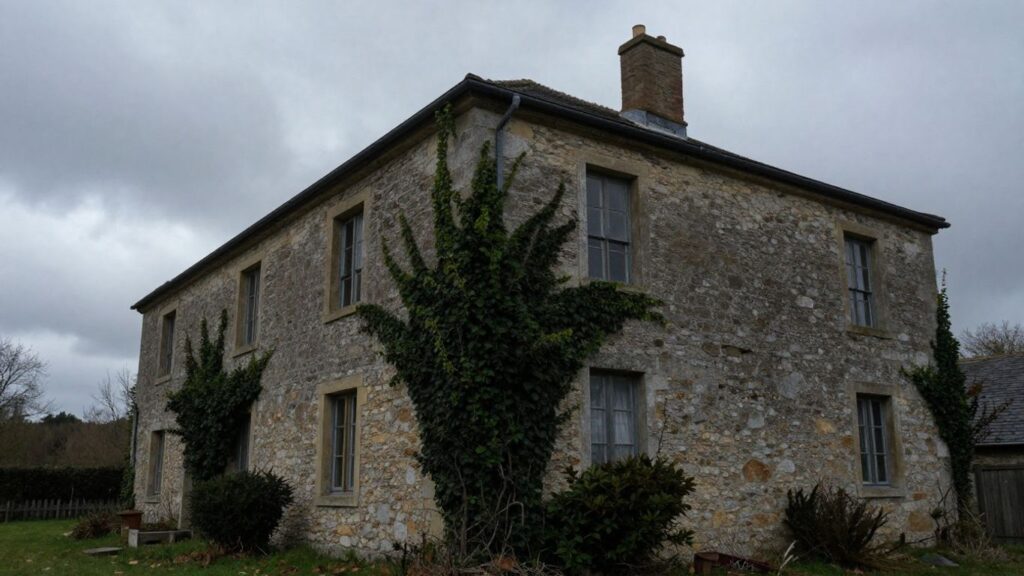 Musée rural délabré avec lierre envahissant et végétation négligée.