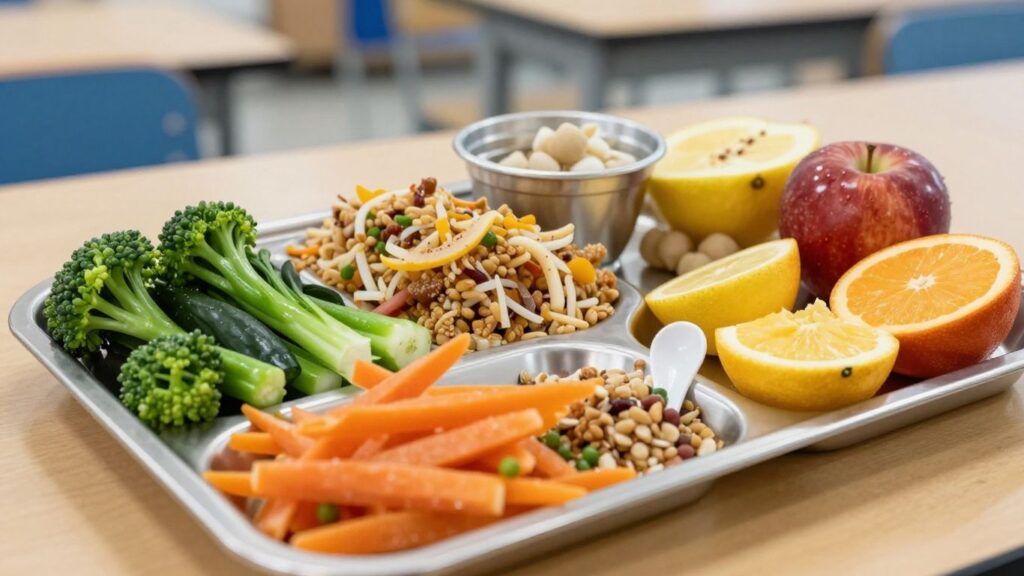 Repas scolaire sain et coloré dans une assiette.