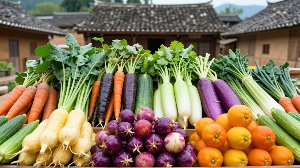 Légumes et fruits locaux dans une cantine scolaire.