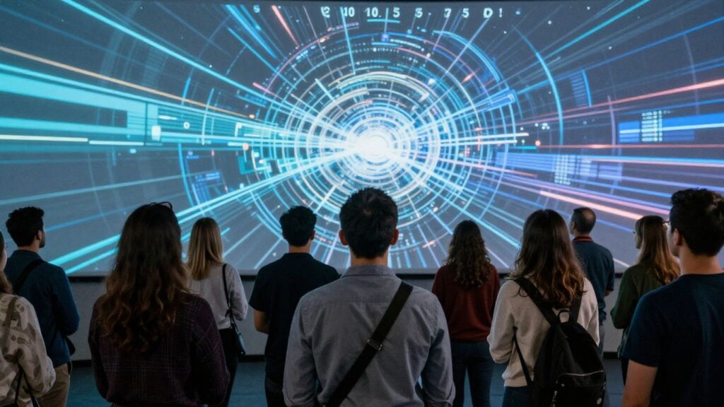 Personnes regardant des écrans avec des motifs numériques abstraits.