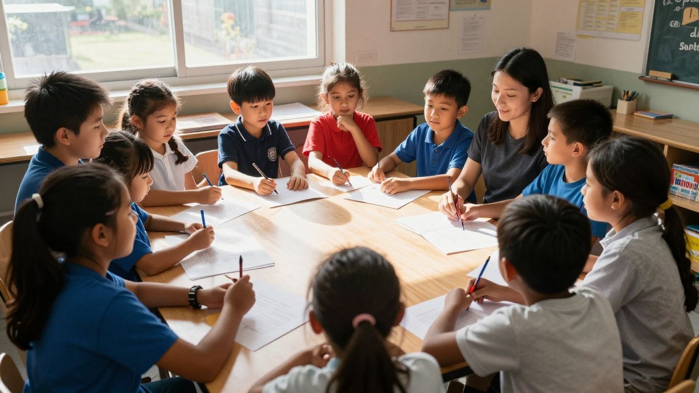 Enfants divers apprenant ensemble dans une salle de classe inclusive.