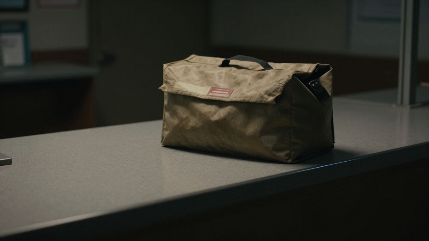 Bureau de poste vide avec un sac postal usé.