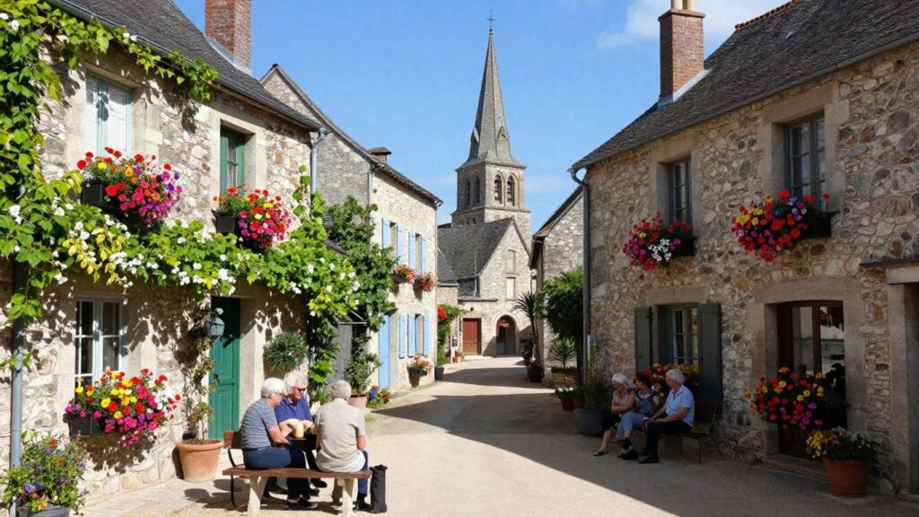 Place de village ensoleillée avec des fleurs et des habitants.