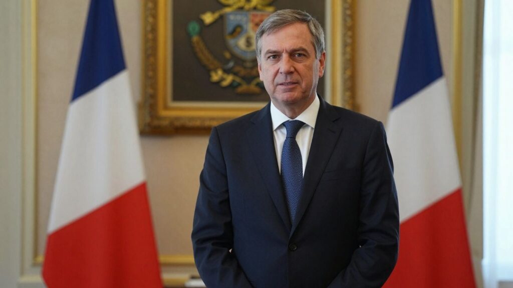 David Amiel dans un bureau officiel avec drapeau français.