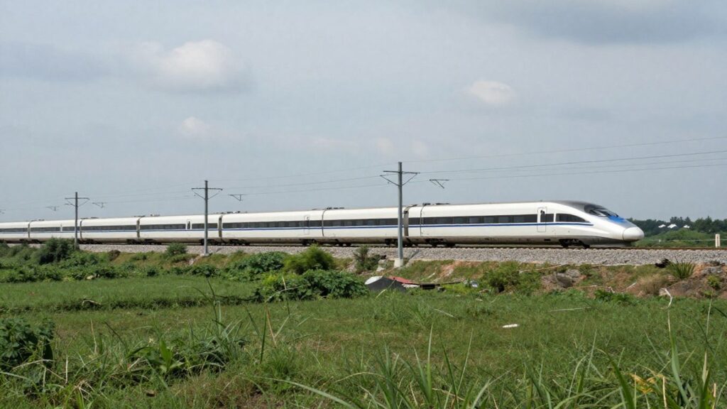 Train à grande vitesse traversant un paysage rural verdoyant.