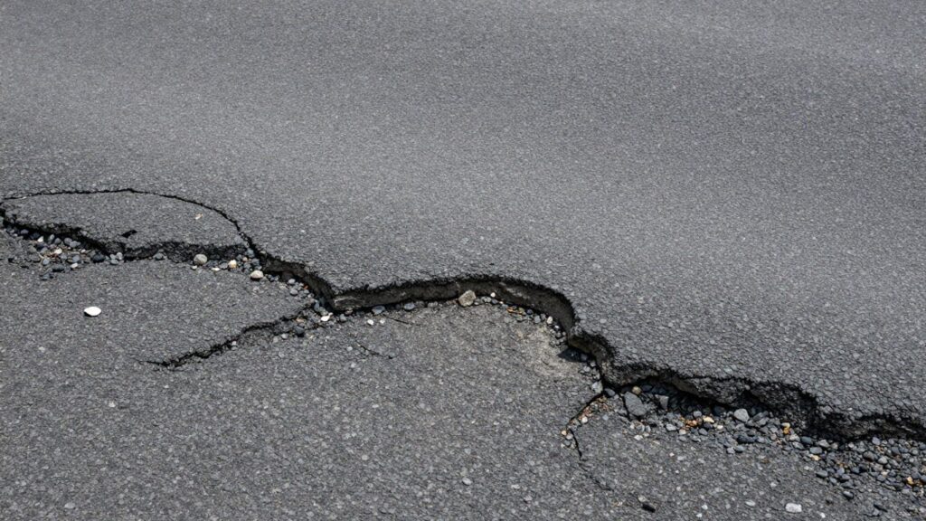 Route dégradée avec nids-de-poule et fissures.