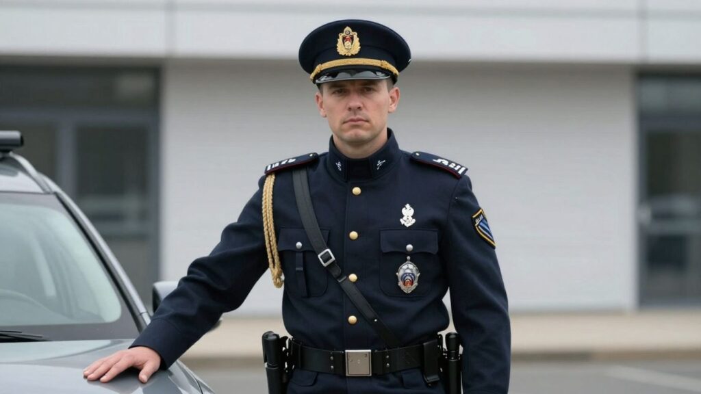 Officier de gendarmerie devant un bâtiment officiel.