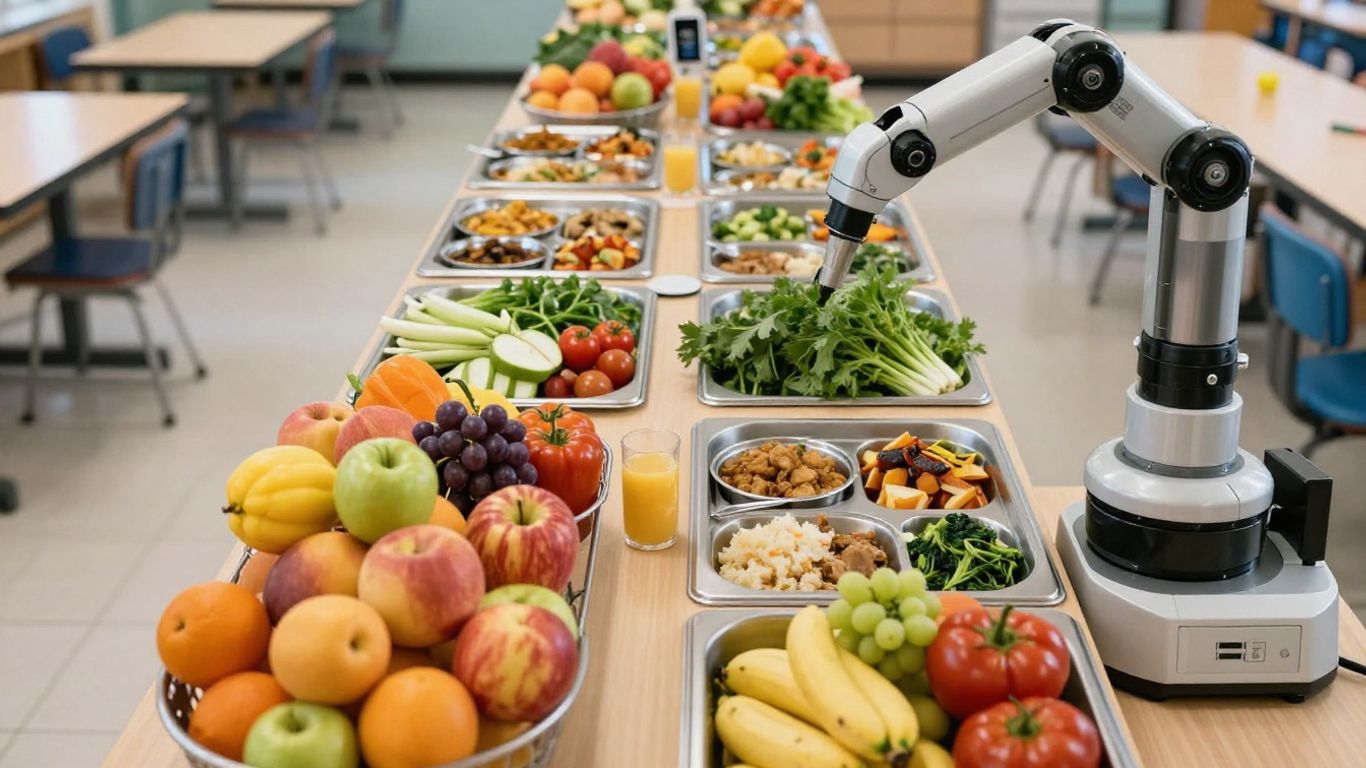Cantine scolaire avec technologie pour réduire le gaspillage alimentaire.