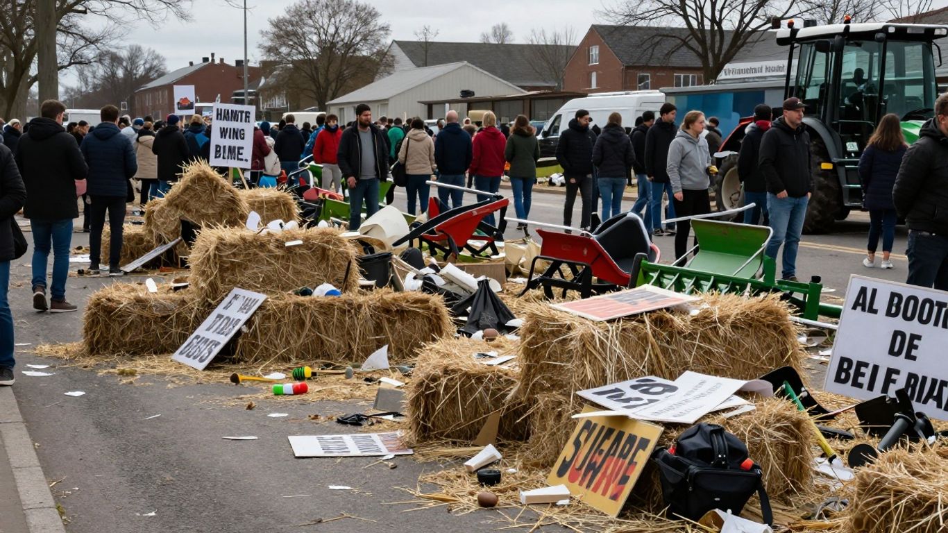 Déchets agricoles après une manifestation, décombres sur la voie publique.