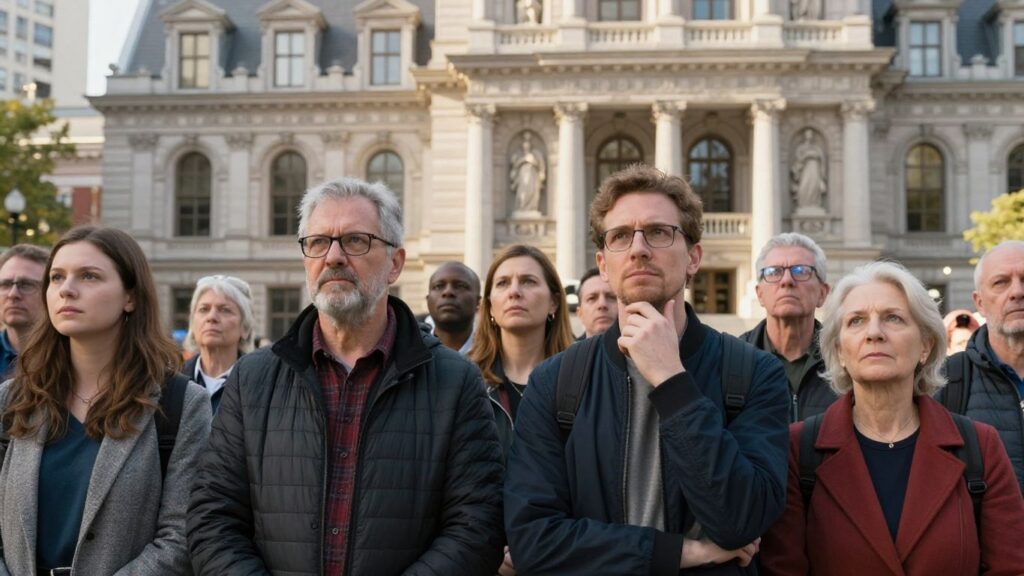 Citoyens devant l'hôtel de ville, choix du maire.