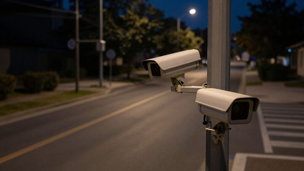Caméra de surveillance observant une rue vide.