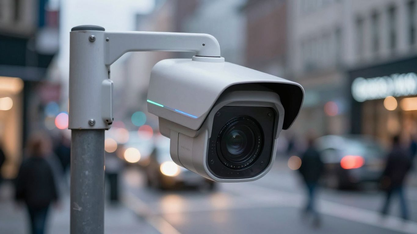 Caméra de vidéosurveillance dans une rue animée.