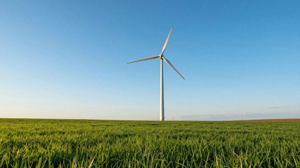 Éolienne dans un champ sous un ciel bleu.