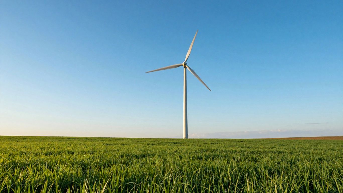 Éolienne dans un champ sous un ciel bleu.
