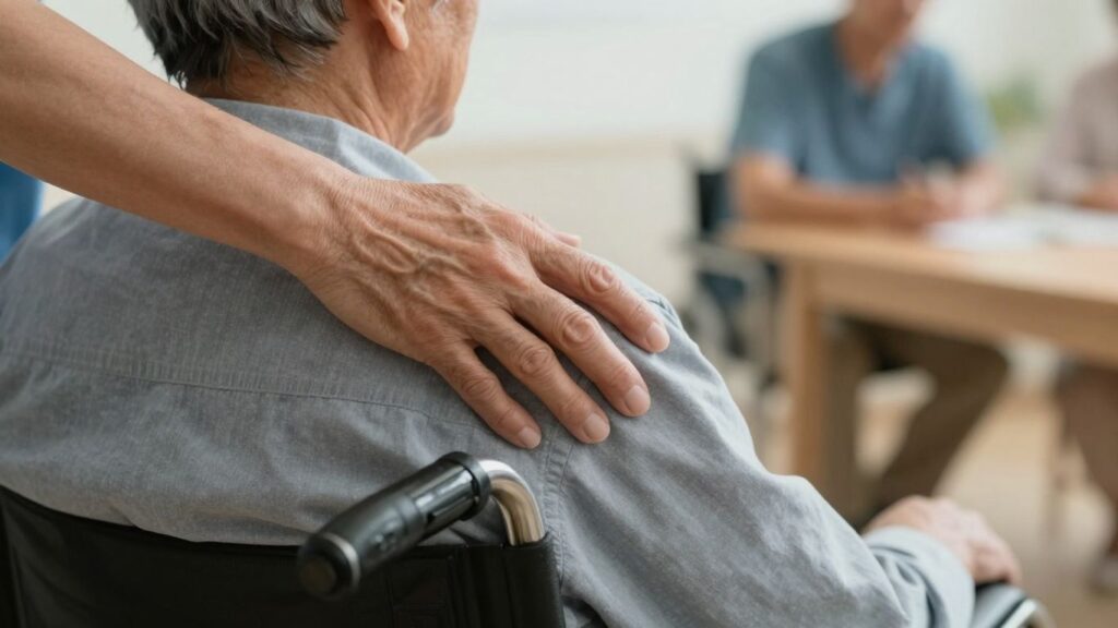 Main de soignant sur épaule d'une personne âgée en fauteuil.