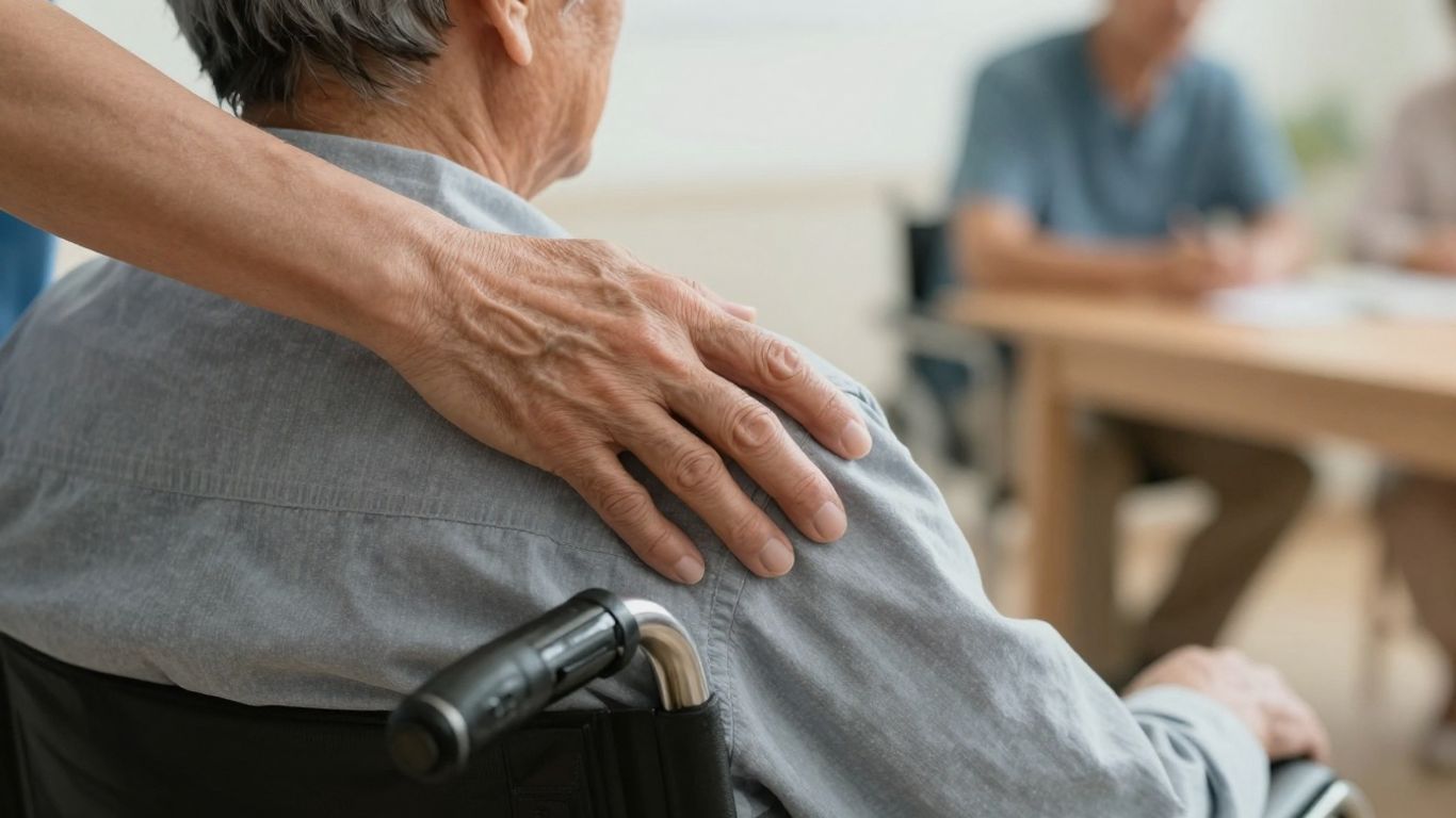 Main de soignant sur épaule d'une personne âgée en fauteuil.