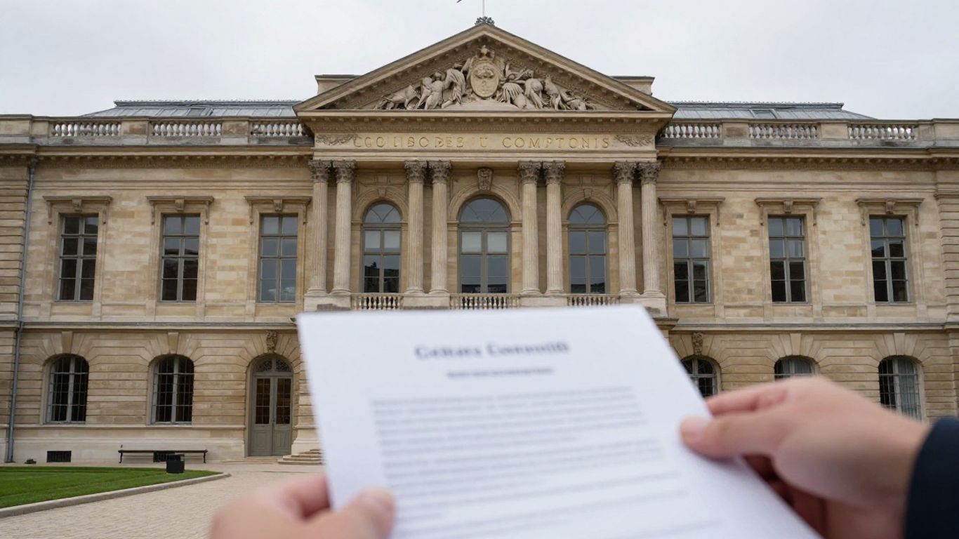 Bâtiment officiel français et main tenant un document.