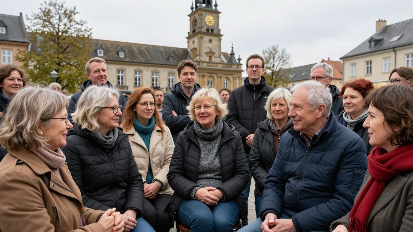 Citoyens discutant dans une place de ville, solidarité municipale.