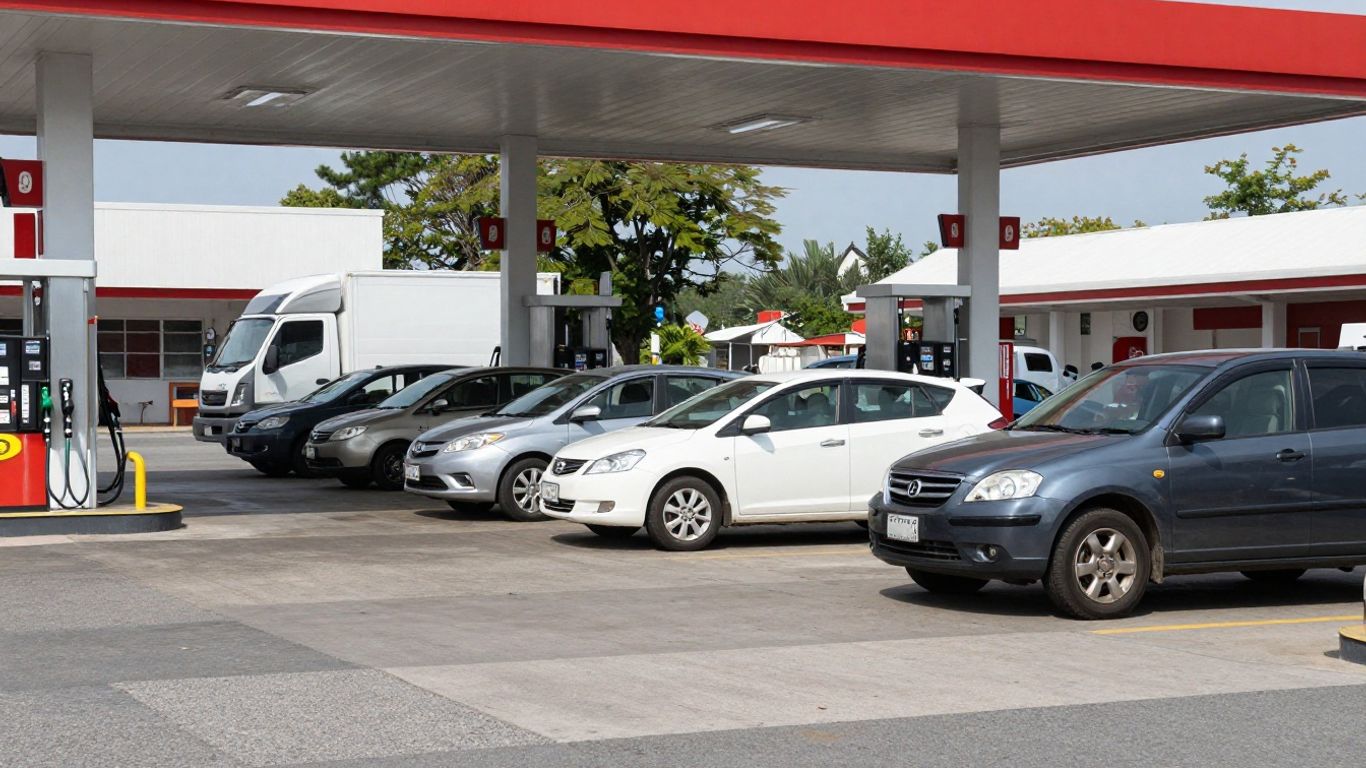 Voitures et camions attendant à une station-service.