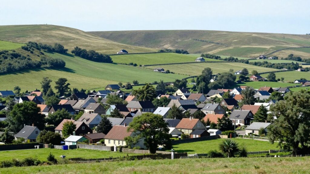Maisons rurales dans un village de campagne verdoyant