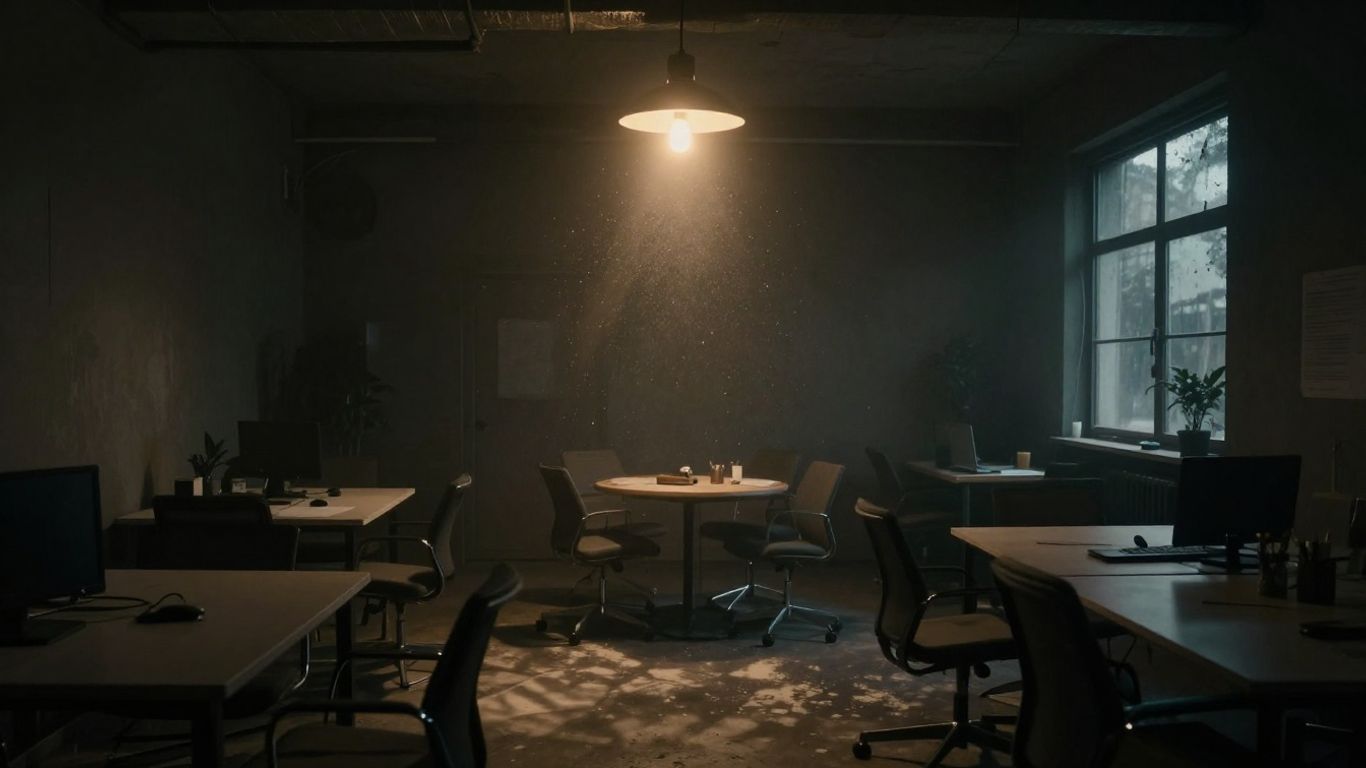 Espace de coworking vide et sombre, symbolisant la précarité.