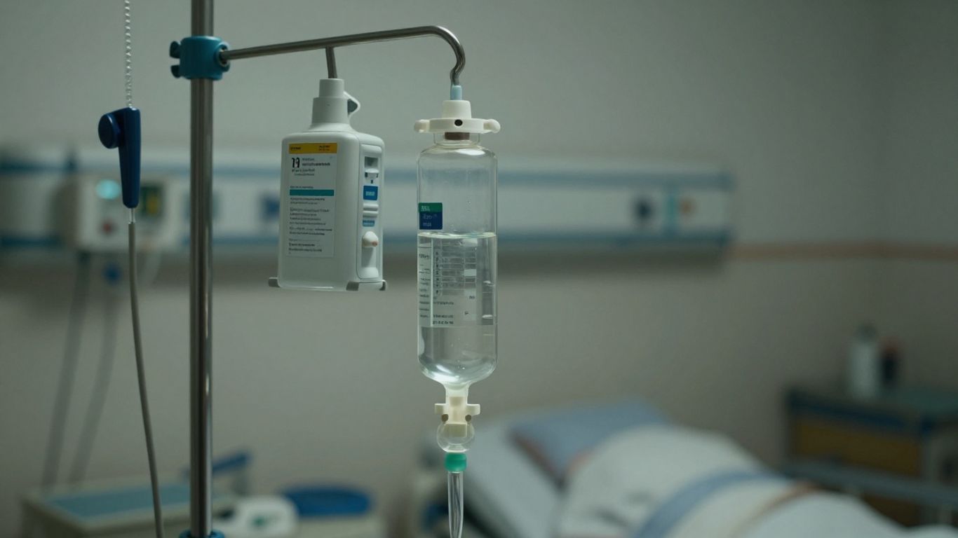 Hôpital avec équipement médical et personnel soignant.