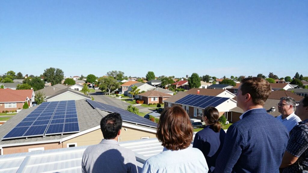 Nouveaux maires regardant des panneaux solaires sur les toits.