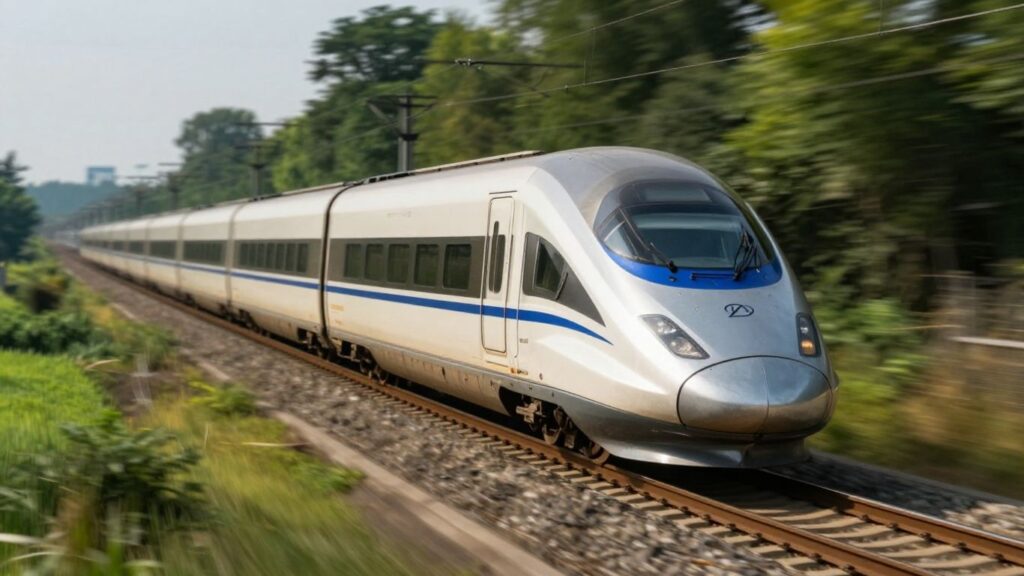 Train à grande vitesse traversant la campagne.