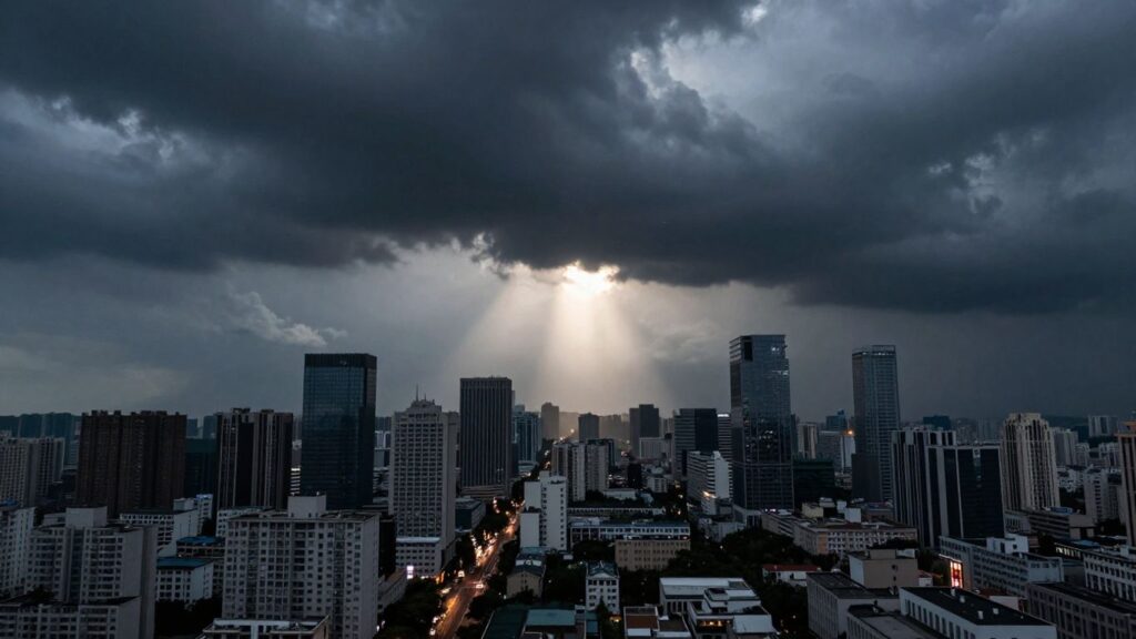 Ciel orageux au-dessus d'une ville, nuages sombres.