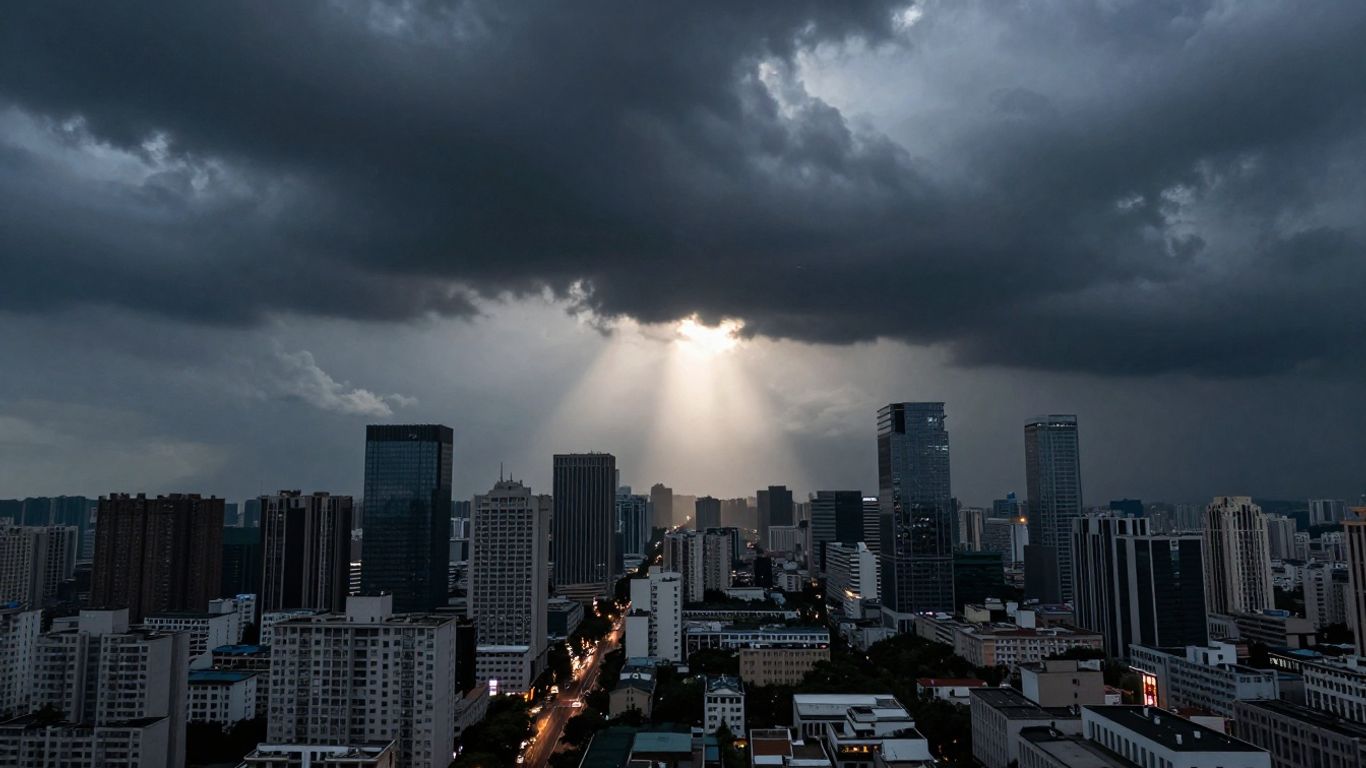 Ciel orageux au-dessus d'une ville, nuages sombres.