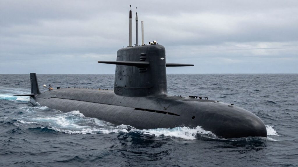 Sous-marin nucléaire français en surface dans l'océan.