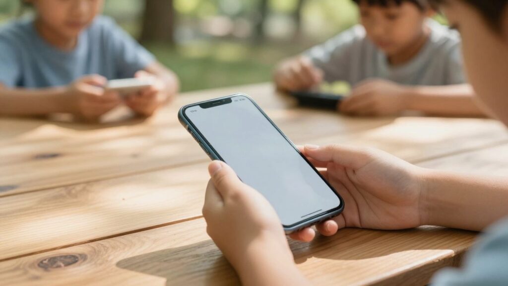 Enfants jouant dehors, un téléphone posé sur une table.