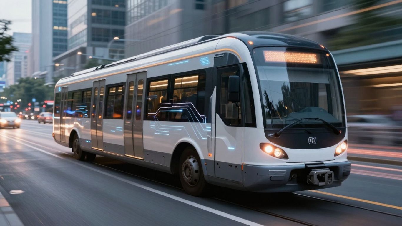 Train numérique dans un paysage urbain moderne.