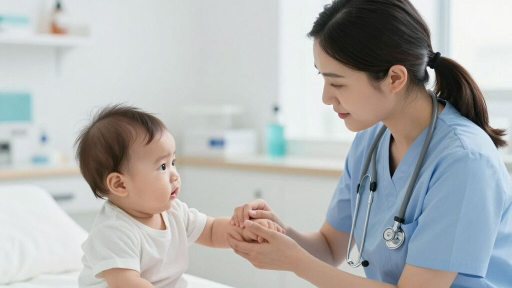 Infirmière puéricultrice tenant la main d'un bébé dans une clinique.