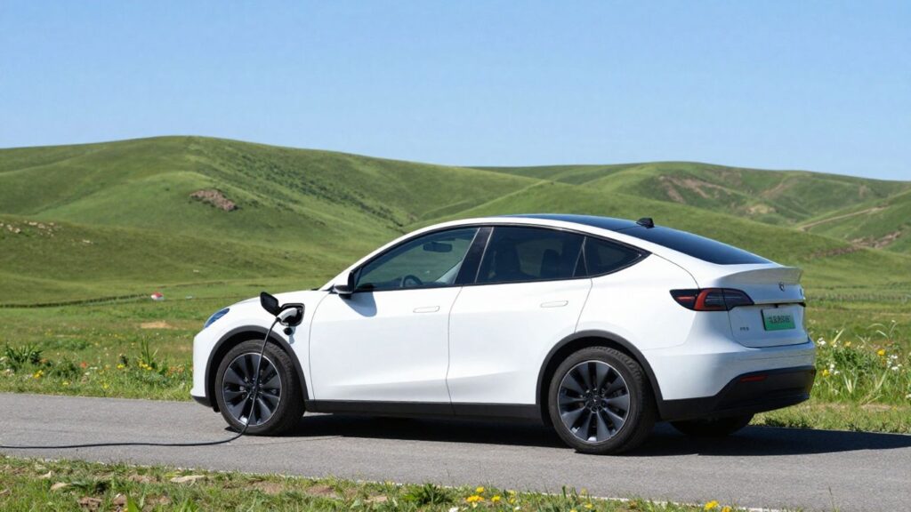 Voiture électrique dans un paysage rural verdoyant.