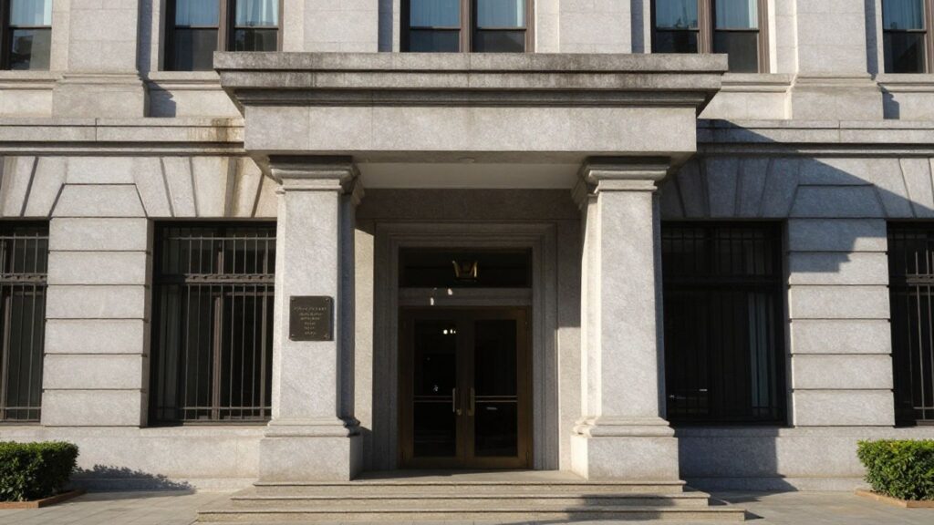 Façade d'un bâtiment gouvernemental sous le soleil.