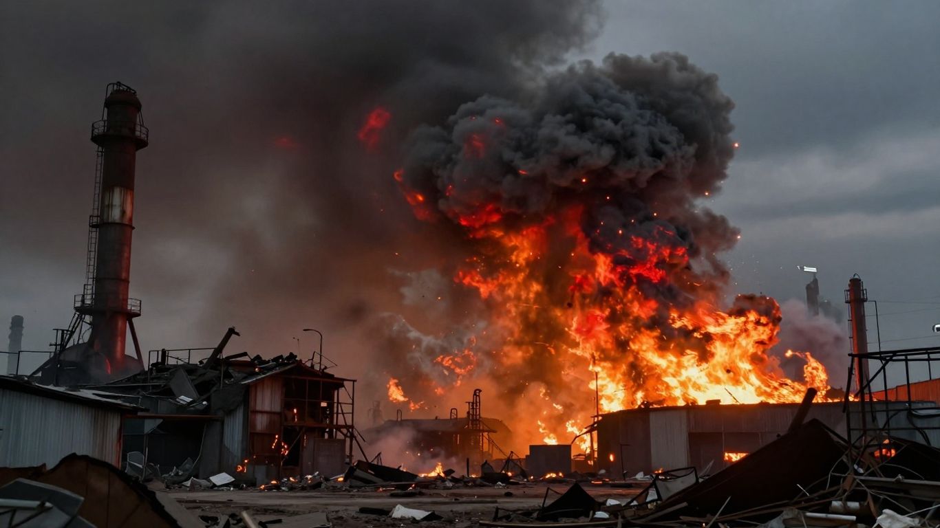 Explosions dans des installations industrielles, ciel sombre, fumée.