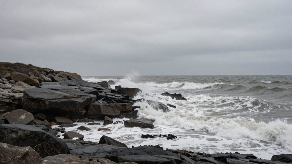Paysage côtier de La Hague sous un ciel couvert.