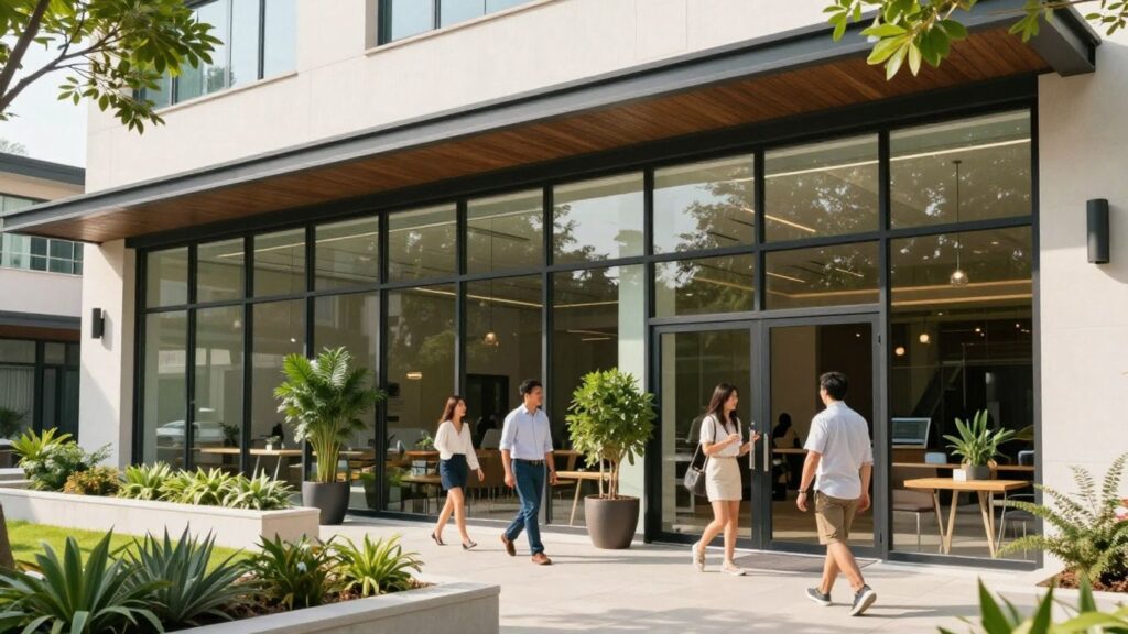 Maison de santé moderne avec des personnes entrant et sortant.