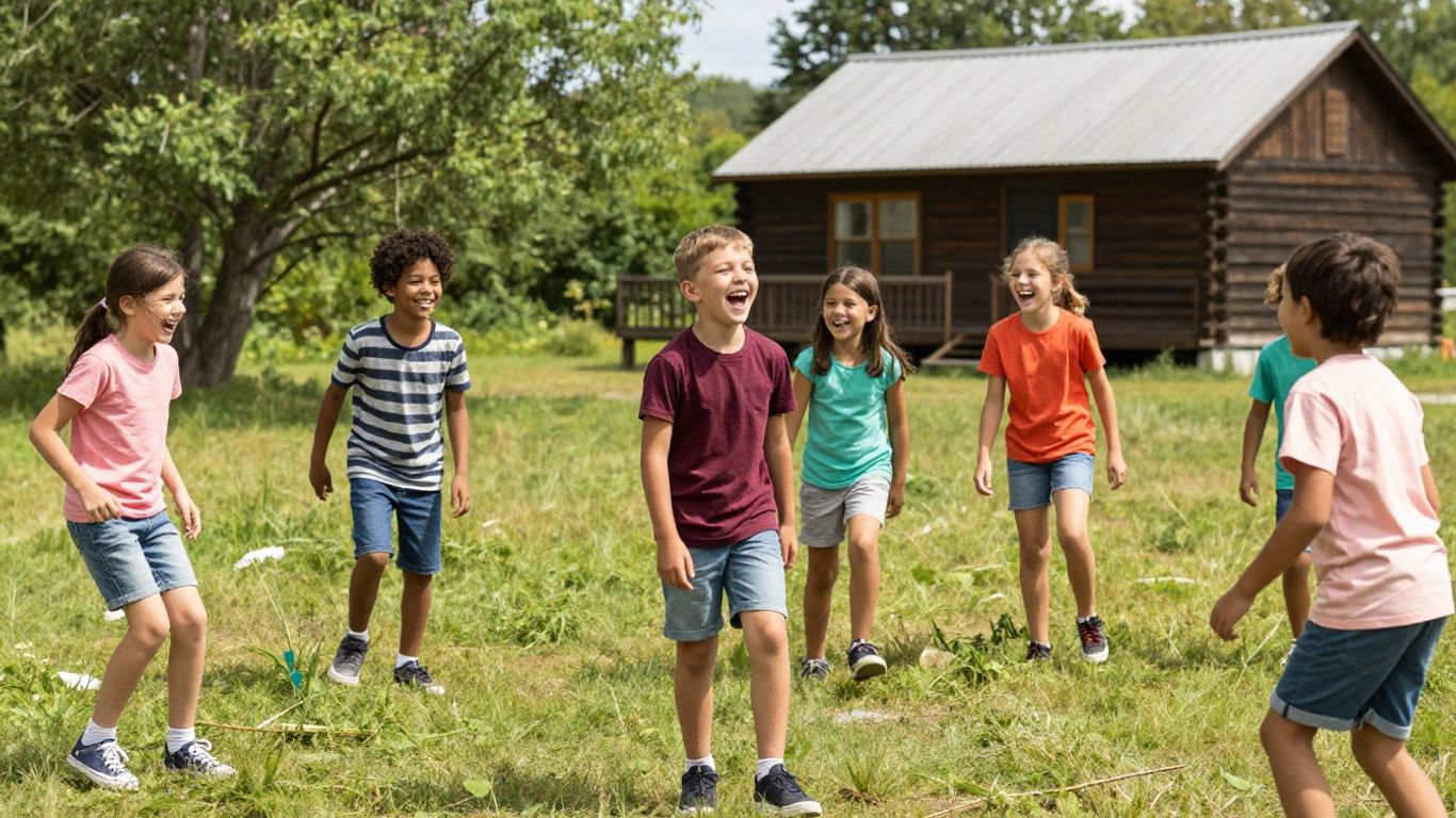Enfants joyeux jouant dans une colonie de vacances ensoleillée.