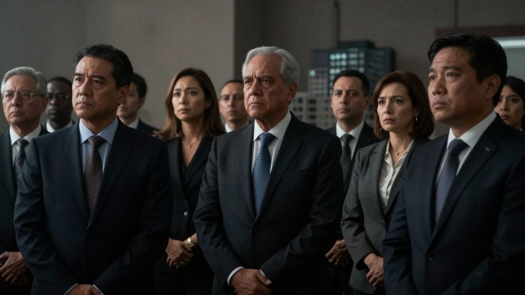 Élus municipaux préoccupés lors d'une réunion politique.