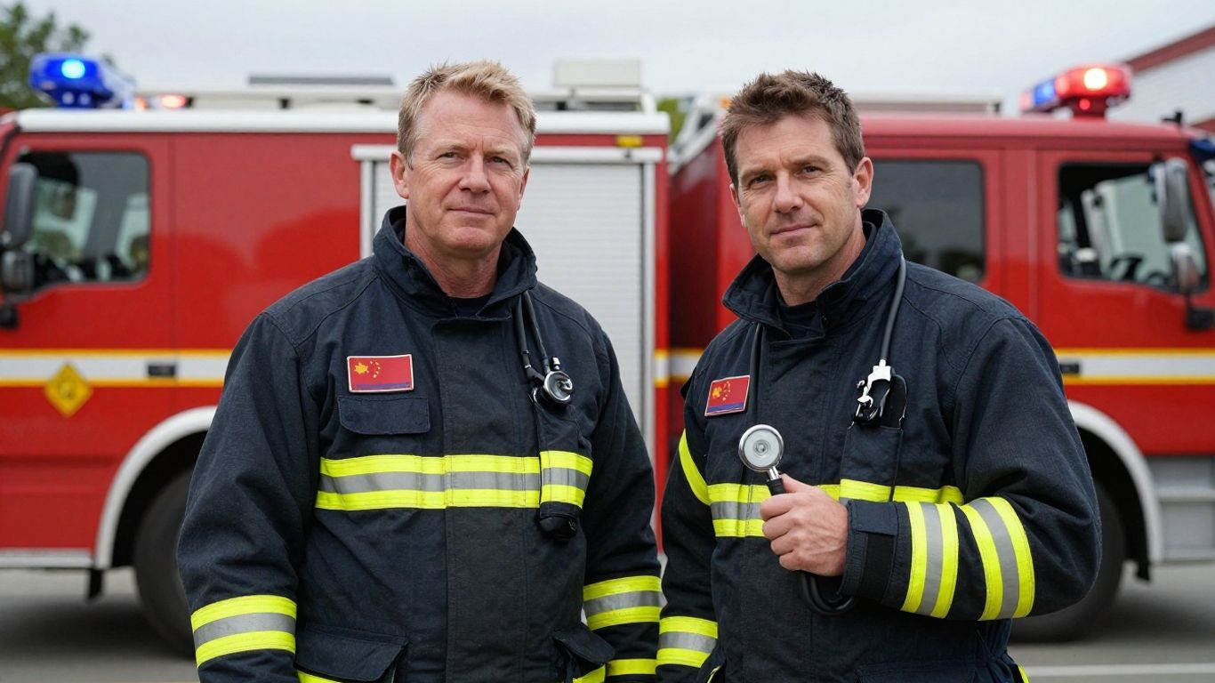 Médecin pompier avec stéthoscope et camion de pompiers.