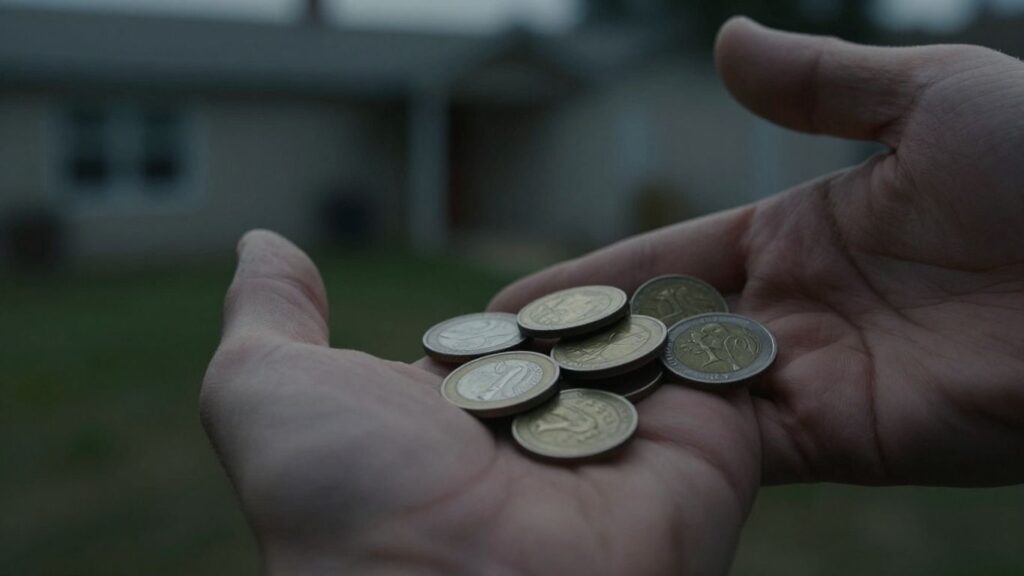 Mains tenant des pièces de monnaie devant une maison.