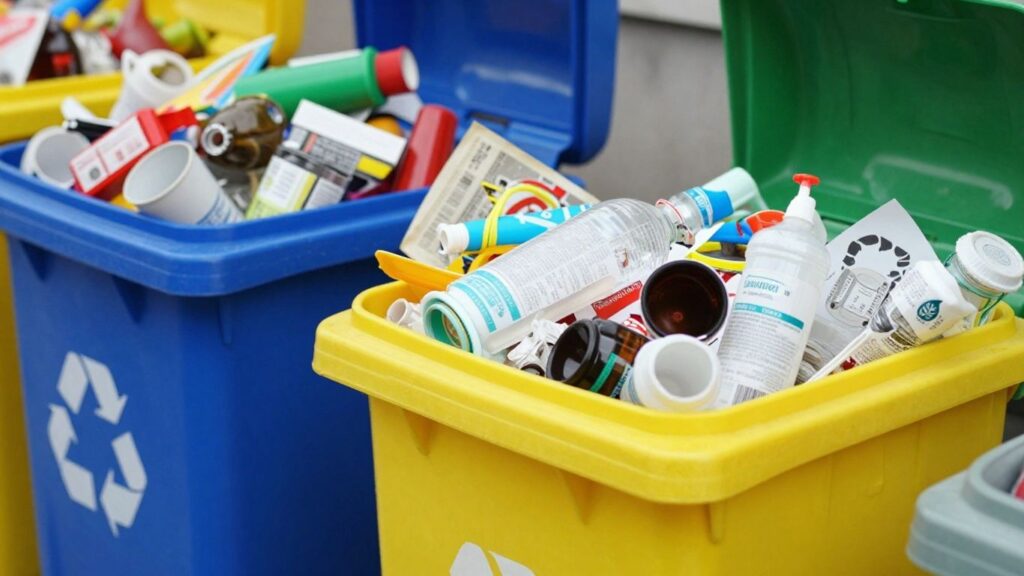 Poubelles de tri colorées débordant de déchets.