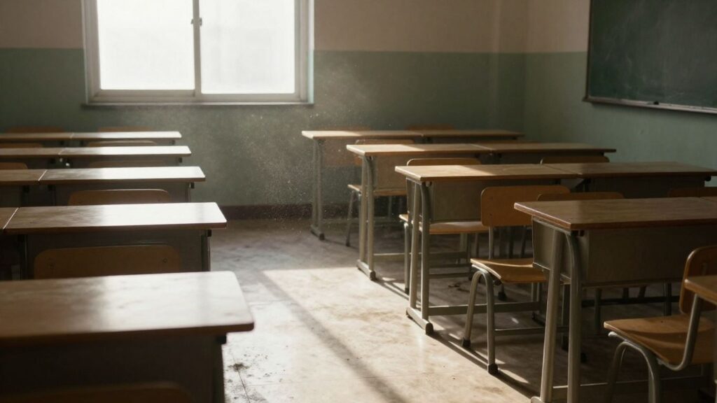 Salle de classe vide avec des pupitres déserts.