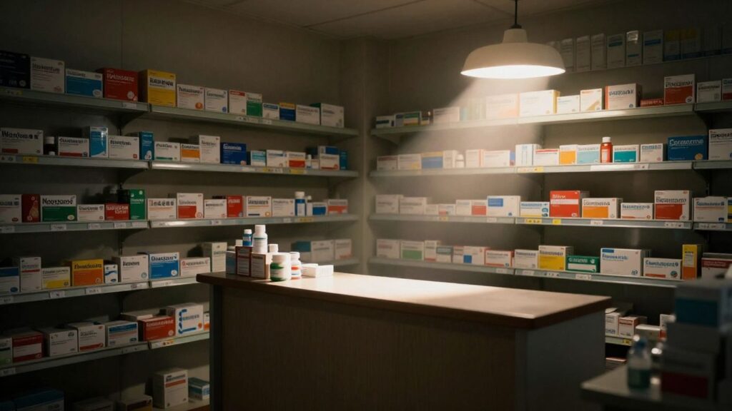 Pharmacie vide avec des médicaments sur les étagères.